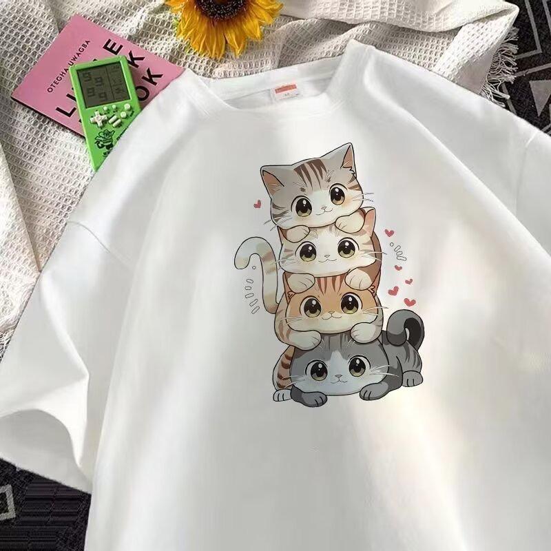 Unisex Summer Japanese Style Cat Print Loose Short Sleeve Tee