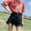 Classic and Minimalist Fashion Versatile Black Broken Holes Women's Summer High-waisted Outside Wear Thin A-line Wide-legged Ragged Denim Shorts