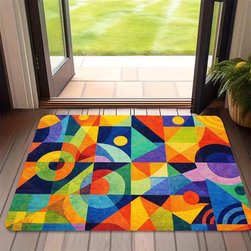 1pc Pack, 2D Flat Printing, Vintage Abstract Geometric Patchwork Entryway Doormat, Perfectly Suitable for Holiday Dining and Home Decor, Indoor/Outdoo