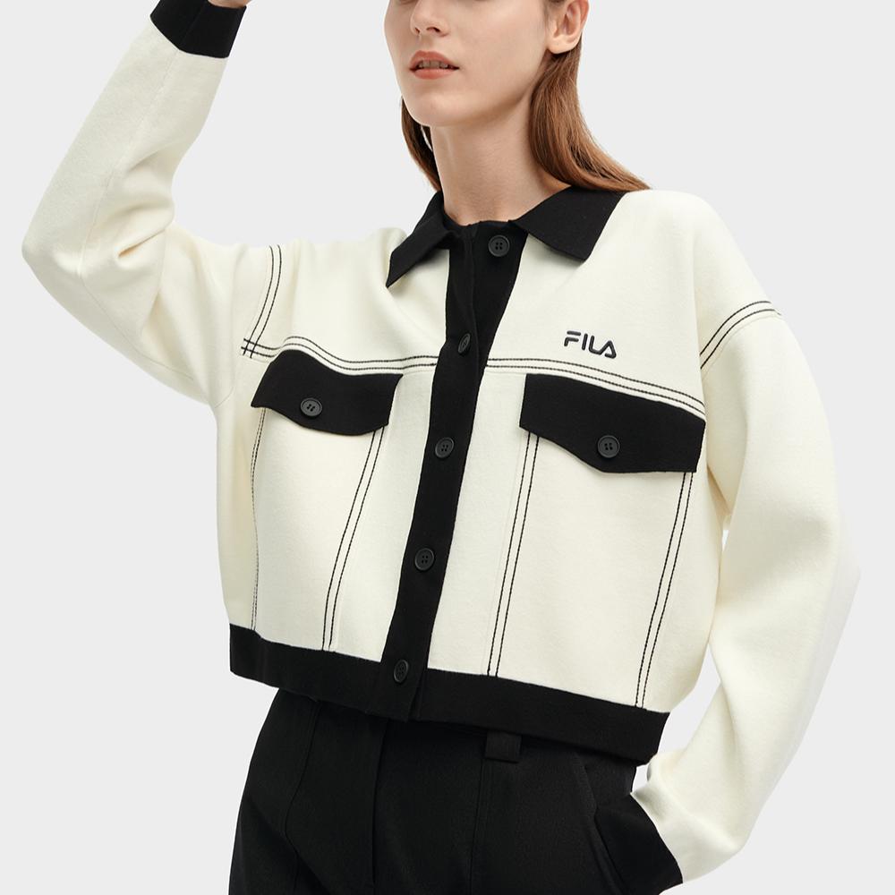 Fila Color Block Polo Neck Loose Casual Knitted Jacket Women Jackets Jade-White F11W418406F-IV