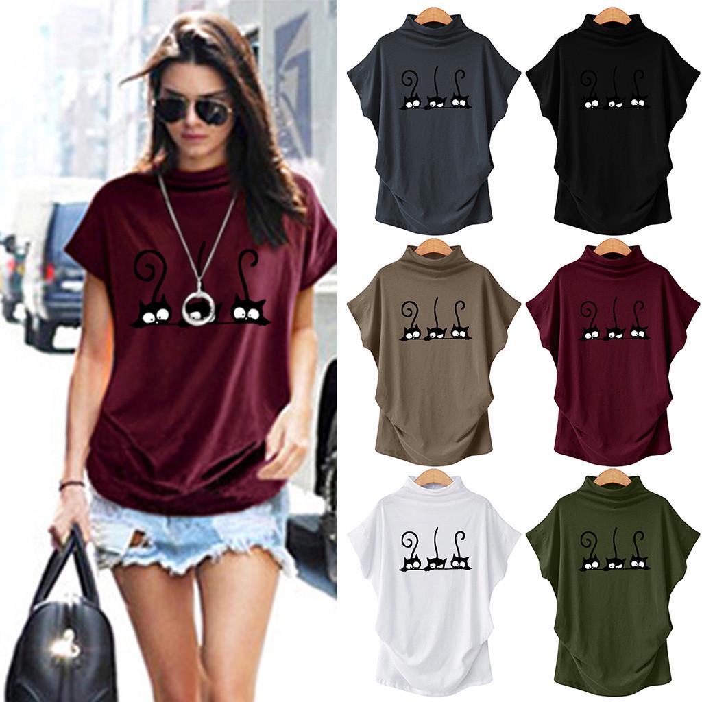 

Women Turtleneck Short Sleeve Cotton Print Casual Blouse Top T Shirt Plus Size