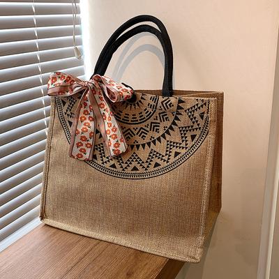 Large Capacity Linen Handbag for Women Retro Fashionable Jute One Shoulder Tote Bag Versatile Mommy Bag