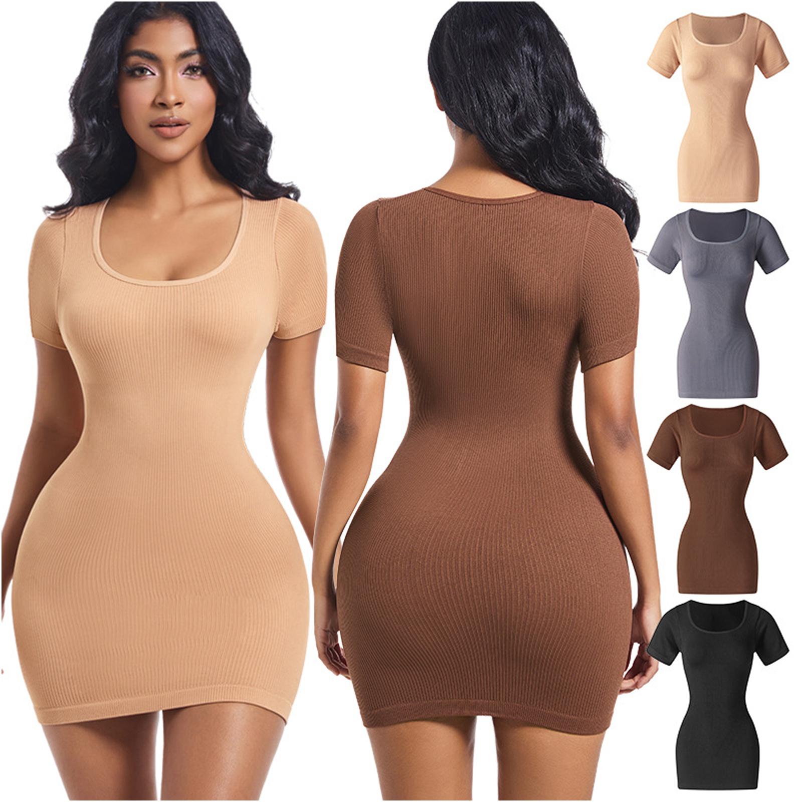 

Women Athletic Dress Short Sleeves Round Neck Tummy Control Shapewear Full Slips One Piece Yoga Jumpsuits Seamless Romper S чорний