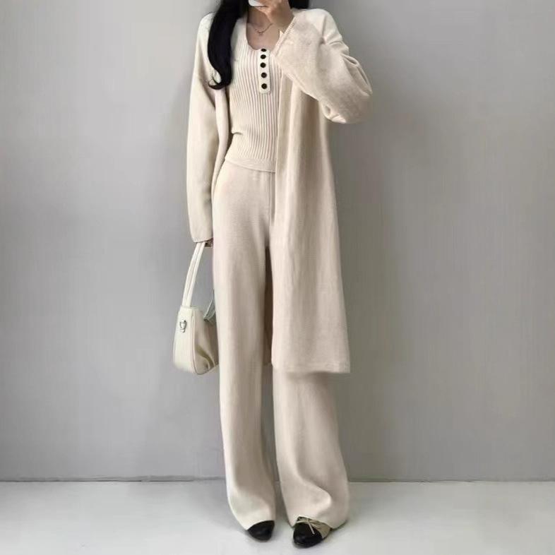 Autumn and Winter New Slim-fit and Thin Knitted Cardigan Sling Vest Wide-leg Pants Knitted Three-piece Set