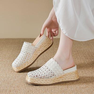 Hollow Woven Bag Head, Half Slippers, Women's 25-year Summer Models, Breathable Outside, Lazy Muller Shoes, Heightened Straw Thick Soles Inside