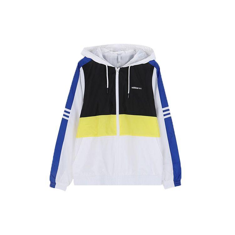 adidas neo Women s Woven Color-Blocked Hooded Windbreaker Jacket White/Black/Yellow/Blue FK9955 S