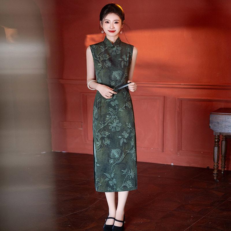 Yeşil kolsuz milli tarz yeni Çin Suzhou uzun cheongsam geliştirilmiş genç kadınlar için yüksek kaliteli yazlık günlük giyilebilir