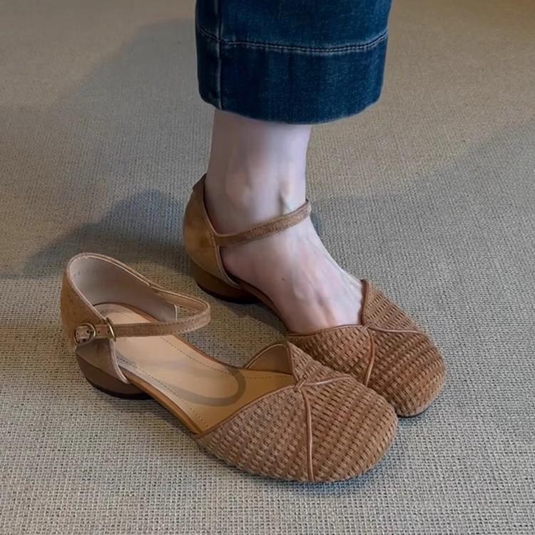 Sheepskin Version~ Retro Cute Bag Head Shoes Women's Summer Low Heel Leather Round Head Bohemian Style Word with Sandals