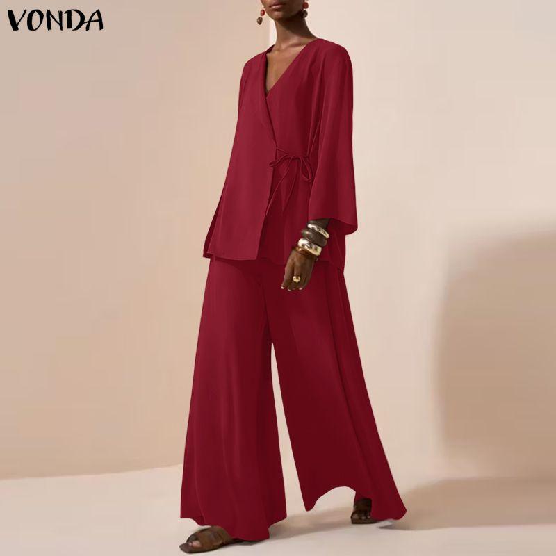 VONDA Women Sets Long Sleeve Side Cross Blouse and Pants Casual Two Piece Suit Sets