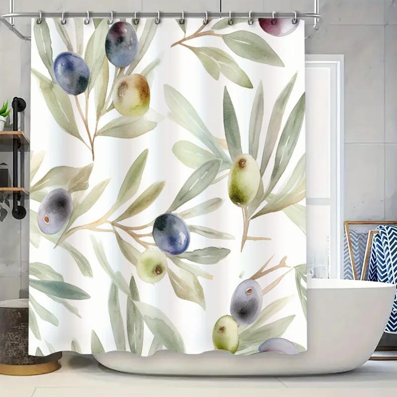 

White Green Leaves Blue Purple Watercolor Olive Branch Shower Curtain Home Decor Bathroom Window Treatment Diy Project Waterproo W60H190(CM)-1 Pcs