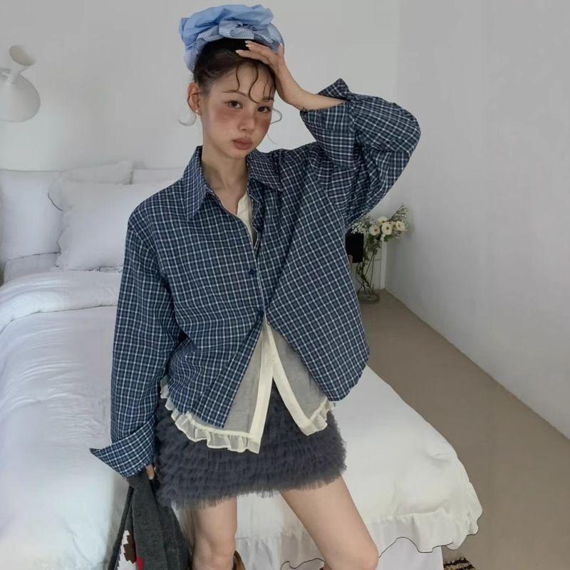Korean Ins2026 Early Spring New Style Korean Niche Plaid Fake Two-Piece Long-Sleeved Shirt with Patchwork Edges for Women Blue One size