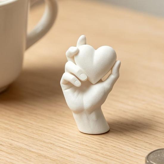 Handheld Heart Statue Hand Holding 3D Printed Figurine, Modern Minimalist Sculptural Desk Decor, Romantic Black White Home Decor Accent for