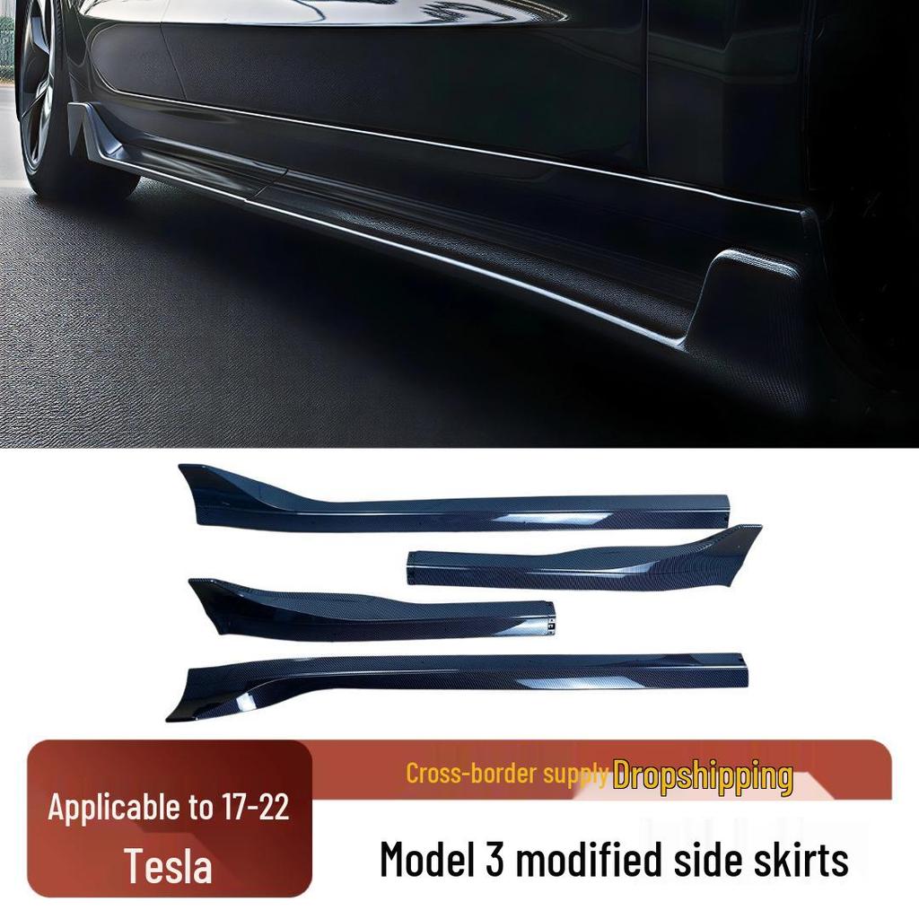 Tesla Model 3 Side Skirts: Four-Section Matte or Glossy Black Carbon Fiber Spoilers