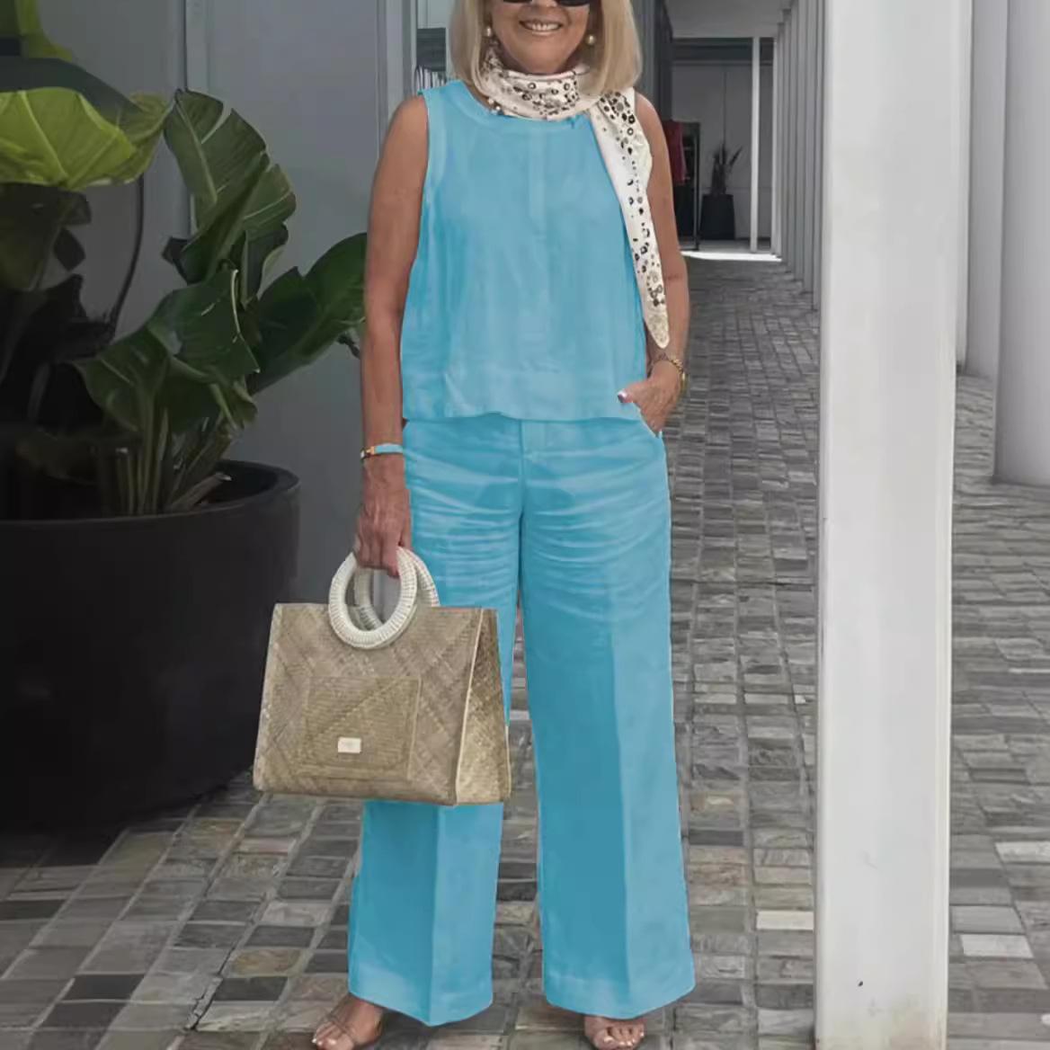 

Женский летний повседневный комплект без рукавов с круглым вырезом и брюками широкого покроя различных цветов 4XL синий