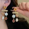 Rhinestone Asymmetrical Simulation Pearl Earrings for Women Palace Style Retro Earring Jewelry