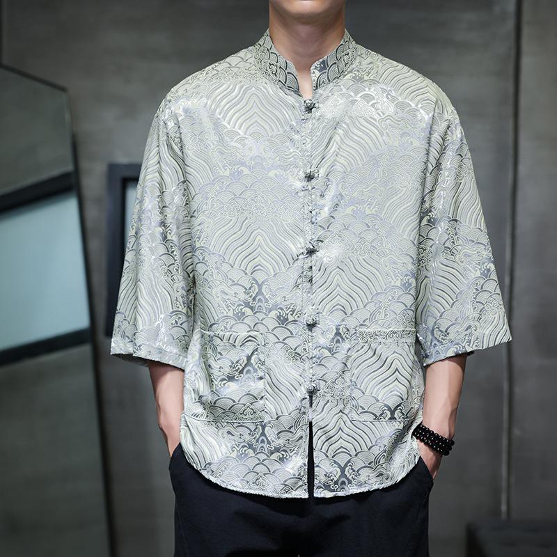 Chinese style ice silk seven-quarter-sleeved shirt men's Tang suit buckle Hanfu large size printed short-sleeved shirt ethnic style