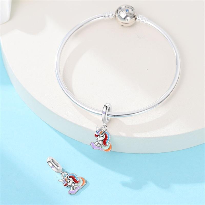 Original Copper Animal Colorful Unicorn Pendant Heart Bead Fit Women Bracelet Diy Girl Jewelry Valentine Fine Gift