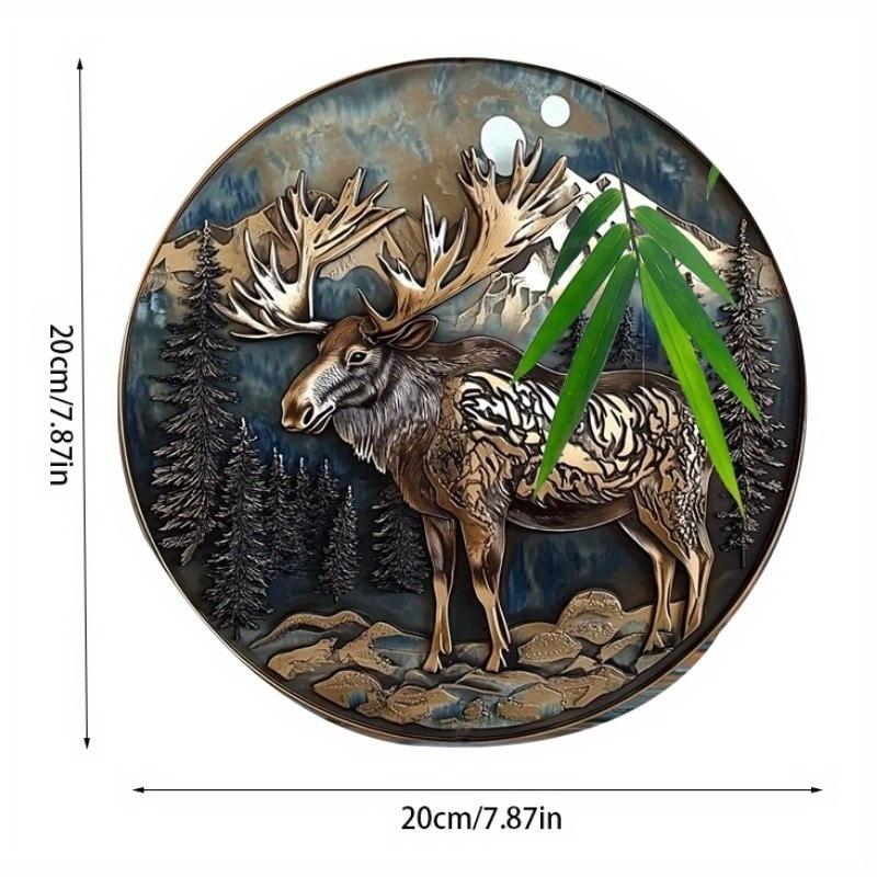 2d Flat 20*20cm, Majestic Moose and Nature Scene, Round Wooden Wall Art, Outdoor Decor, Wooden Wall Sign, for Home, Kitchen, Bedroom, Bar.