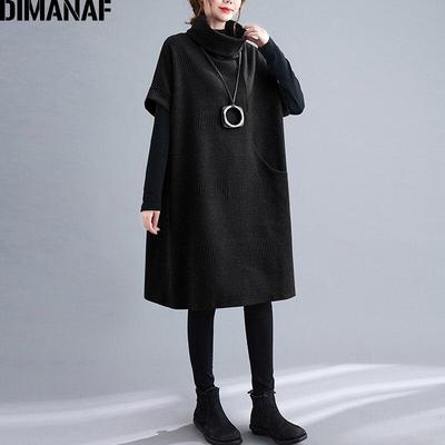 DIMANAF Women Clothing Winter Autumn Oversize Thick Cotton Striped Dress Turtleneck Loose Casual Vintage Pockets Dress Pullover