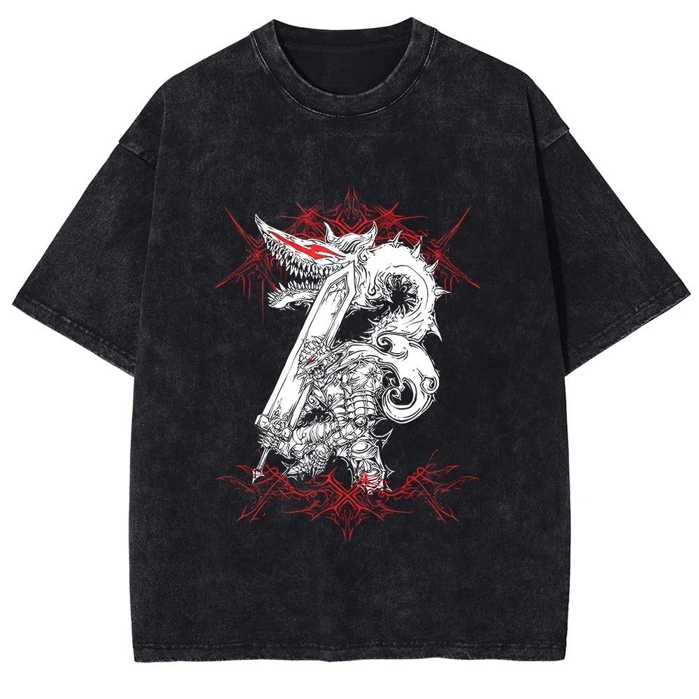 Berserk Guts (Black Swordsman) & Brand of Sacrifice Vintage Washed Double-Sided Anime T-Shirt, Unisex Dark Fantasy Manga Fan Streetwear Tee