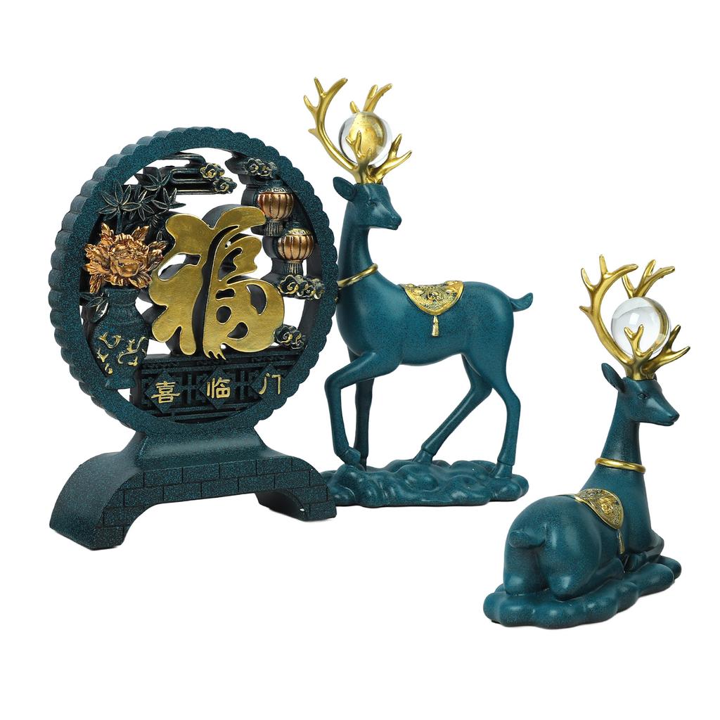 3pcs Lucky Deer Figurine Good Luck Hand Painted Exquisite Carving Resin Deer Statue for Bookshelf