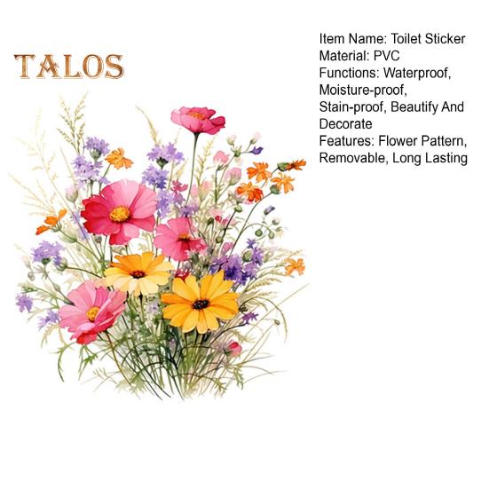 Colorful Flower Toilet Sticker Waterproof Removable Self-adhesive PVC Living Room Bathroom Wall Art Floral Plants Toilet Seat Lid Decoration Decal