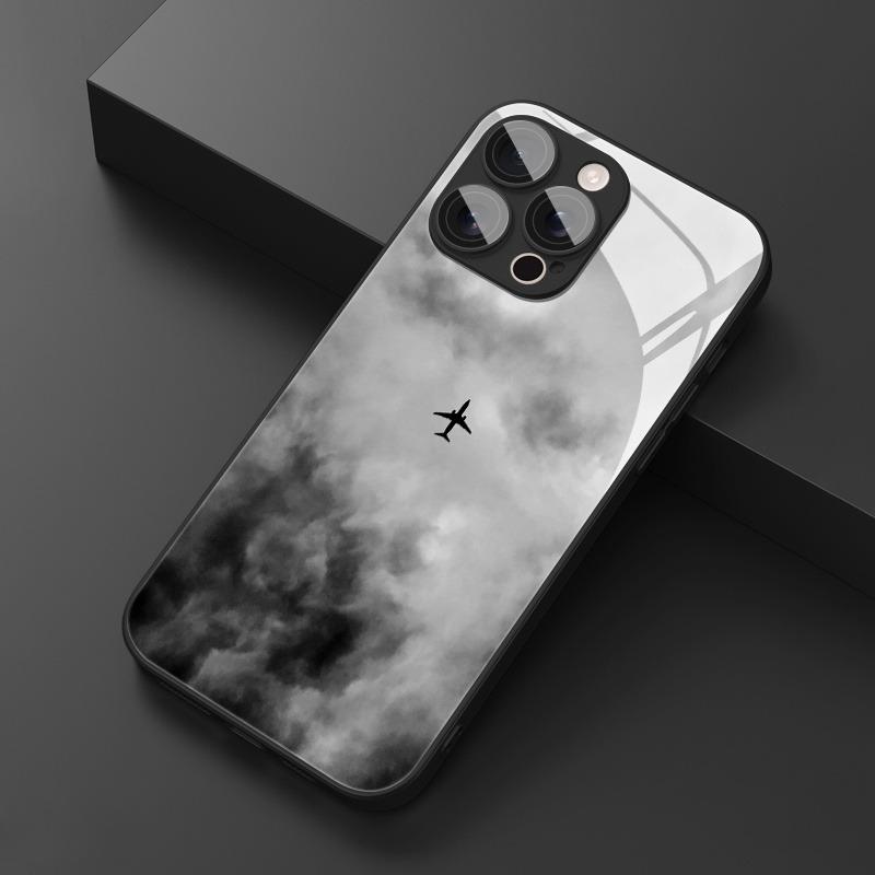 Minimalist Dark Cloud Airplane Print Tempered Glass Phone Case For Samsung Galaxy S25 S24 S23 Ultra Plus FE Shockproof Cover