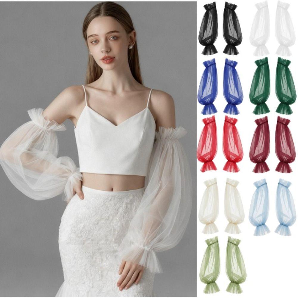 Trouwjurk Bruid Bruiloftshandschoenen Effen Kleur Bruidsmouwen Mode Afneembare Tule Bruiloft