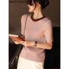 Basic House Damen Color-Block Gestricktes Kurzarm-T-Shirt