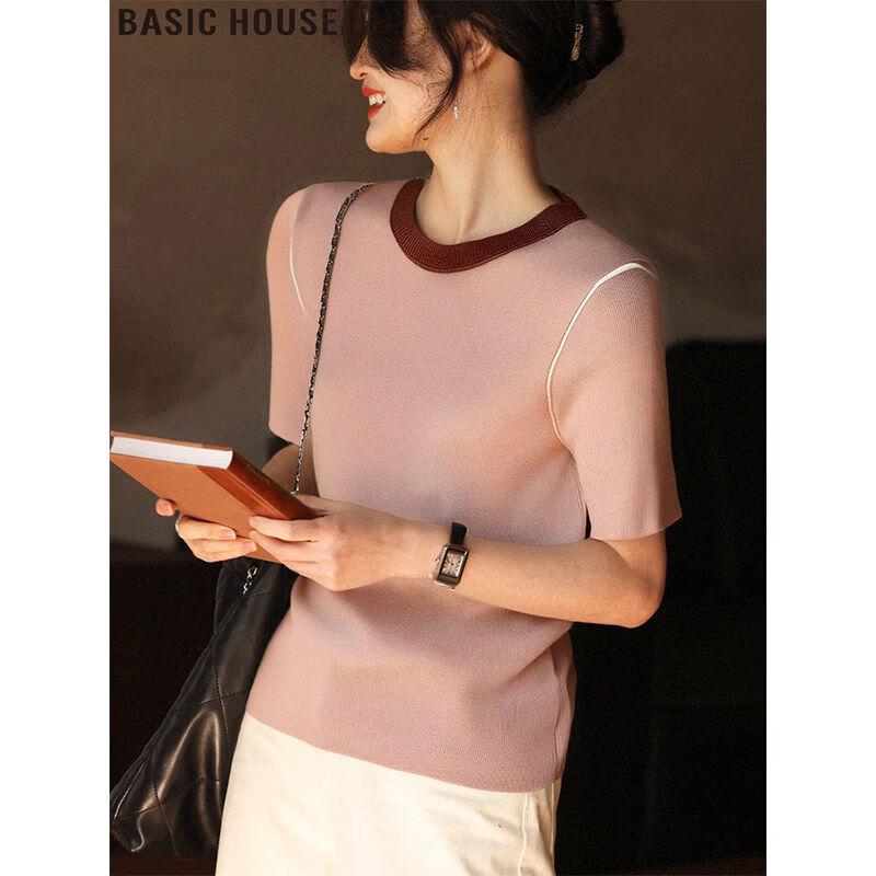 Basic House Women s Color-block Knitted Short Sleeve T-shirt L
