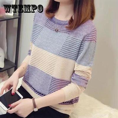 Dünne Hohl Stricken Pullover Frühling frauen Herbst Top Colorblock Lose Gestreiften Langarm Bodenbildung Kurzen Abschnitt
