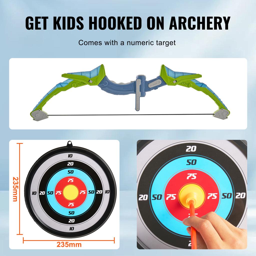 SucceBuy Kinder Pfeil und Bogen Set LED Leuchtendes Bogenschießen Spielzeug Set mit 10/20 Saugnapf Pfeilen Zielscheibe & Köcher für Kinder Alter 4-12