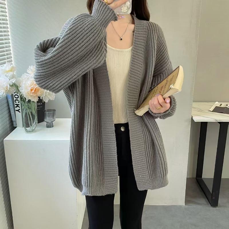 Chic Loose Casual Mid Length Knitted Cardigan Sweater Women Autumn and Winter V Neck Warm Women Sweaters Jacket Elegant Vintage Solid Cardigans 25250