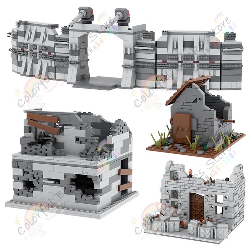Military Architecture MOC Building Blocks DIY Base Defense Wall Postwar Breakage House Scene Model Assembly Bricks Toys For Kids