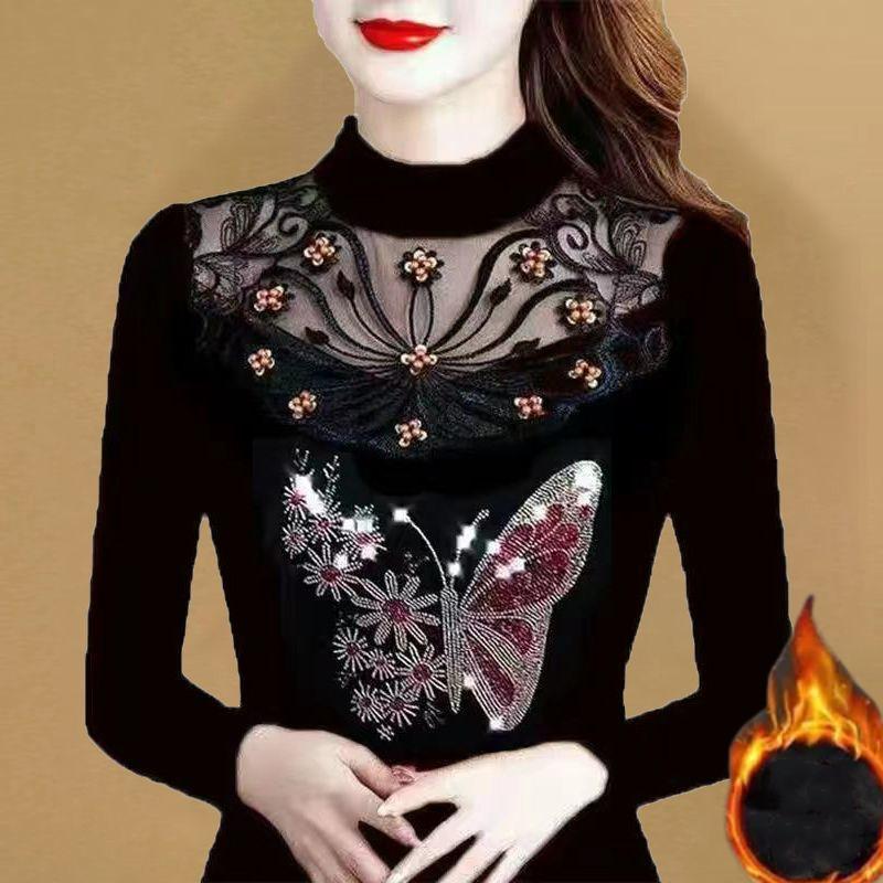 Vintage Women Fleece Diamonds Black Slim T-Shirt Autumn Winter Patchwork Lace Hollow Out Half High Neck Casual Long Sleeve Tops