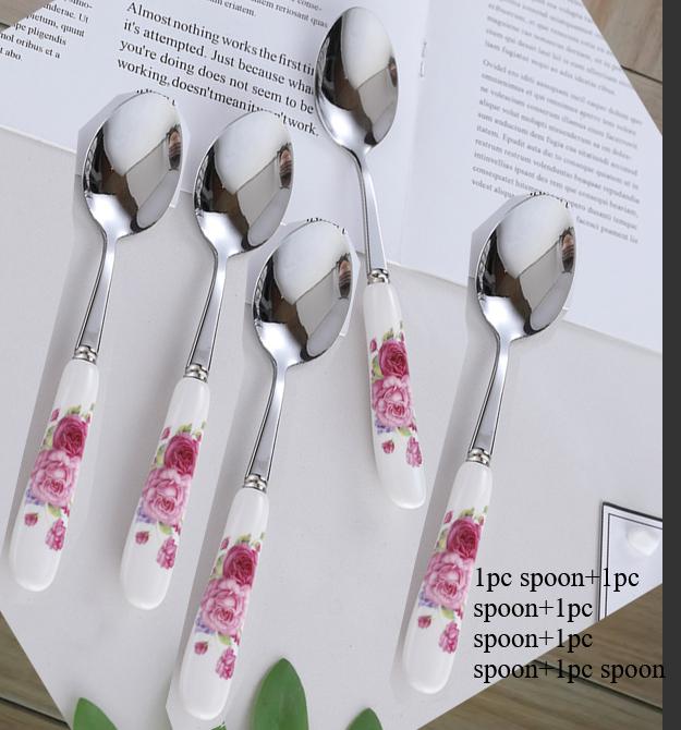 Floral ceramic handle fork rice spoon tableware stainless steel soup coffee ice spoon dessert household mixing spoon 5pcs