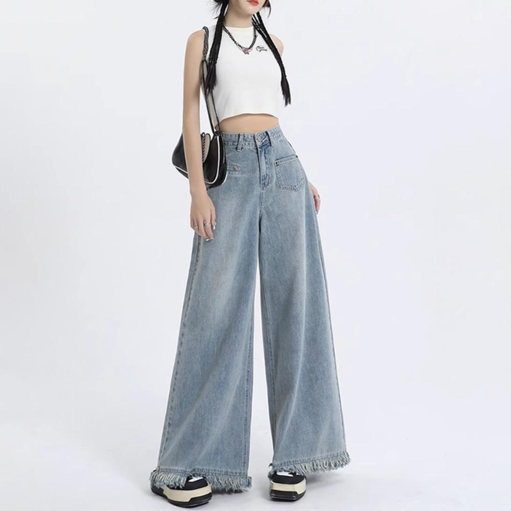 Rough edge wide leg jeans women's spring and autumn new design high waist loose drape versatile floor mopping jeans