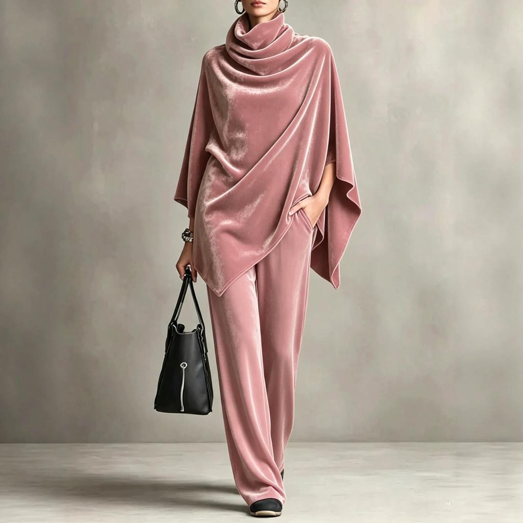 Ensemble Deux Pièces Velours Couleur Unie Automne Hiver Femme Cape Top Pantalon Large Tenue Élégante