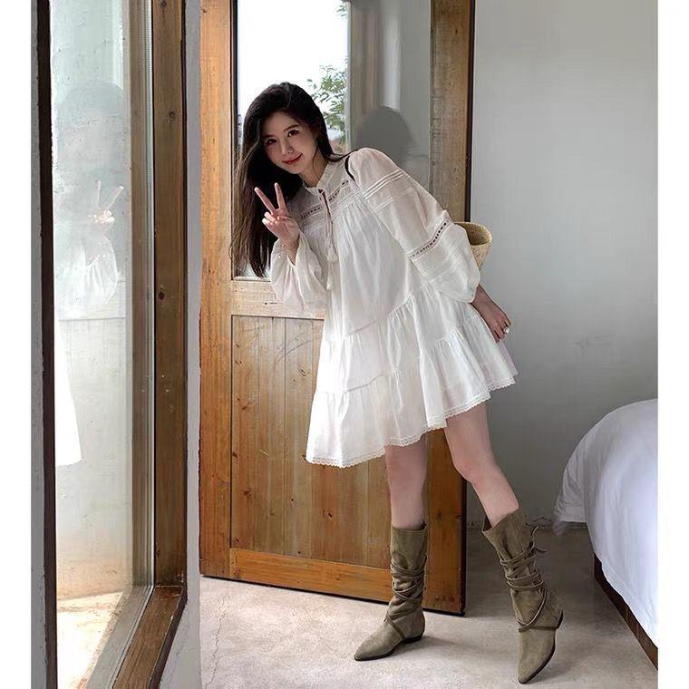 Lace Hollow Waist Doll Princess Dress Long Sleeve White Dress Female Design Sense Niche Vacation Fairy Skirt