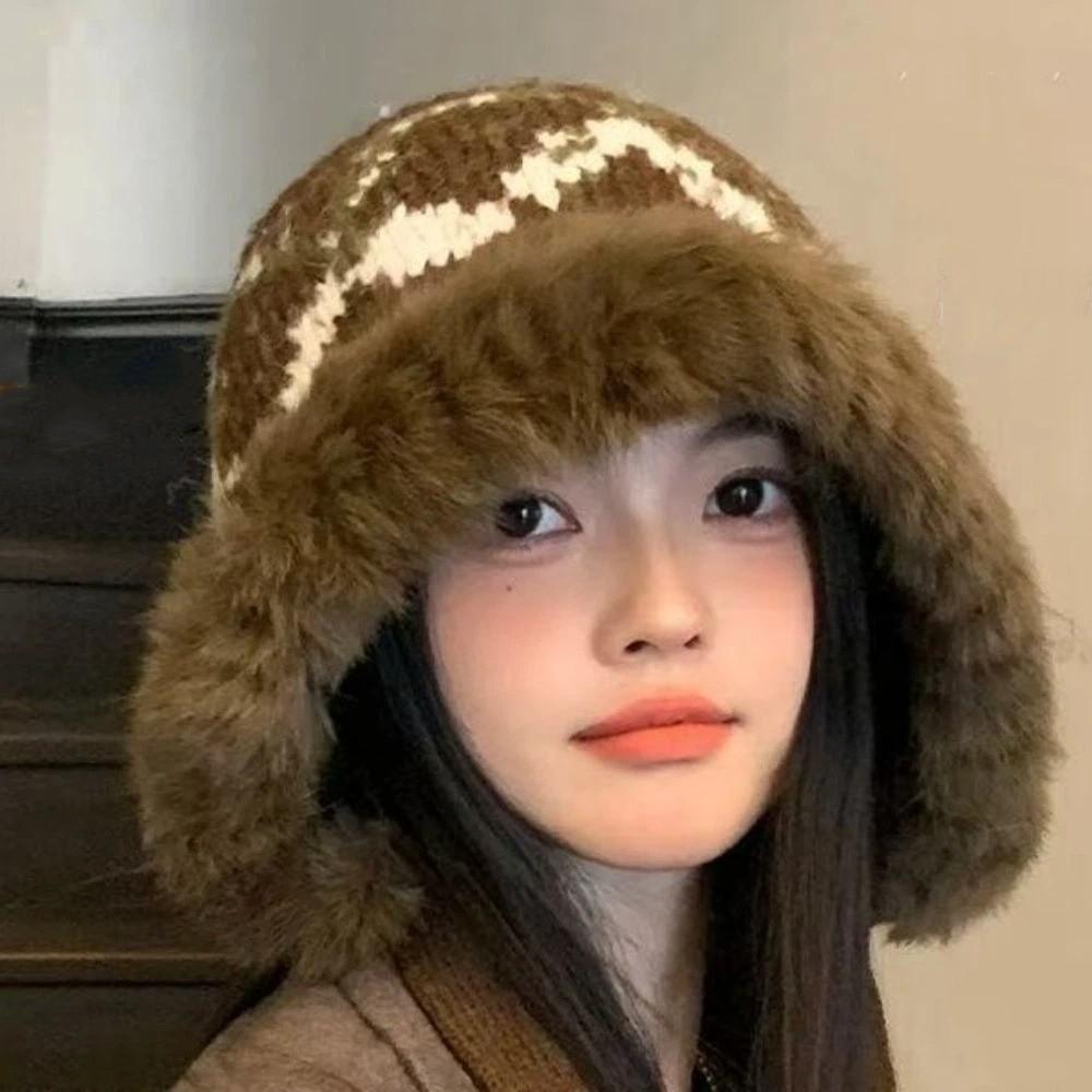 Windproof Faux Fur Lei Feng Hat Ethnic Style Pullover Beanie Hat Knitted Plush Hat Autumn Winter