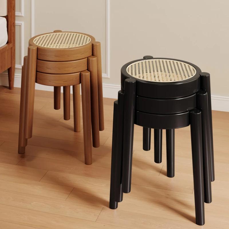 Rubberwood Home Stool Breathable Rattan Dining Chair Natural Wood Dining Stool Stackable Mid-Century Living Room Chair