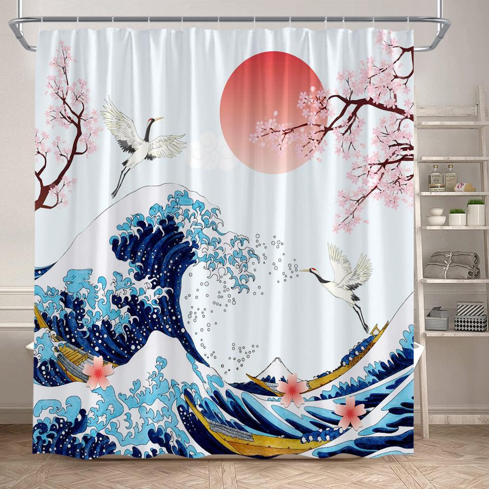 Japanese Style Floral Shower Curtain Pink Cherry Blossom Koi Fish Sea Waves Abstract Mountain Scenery Bathroom Curtain Decor Set