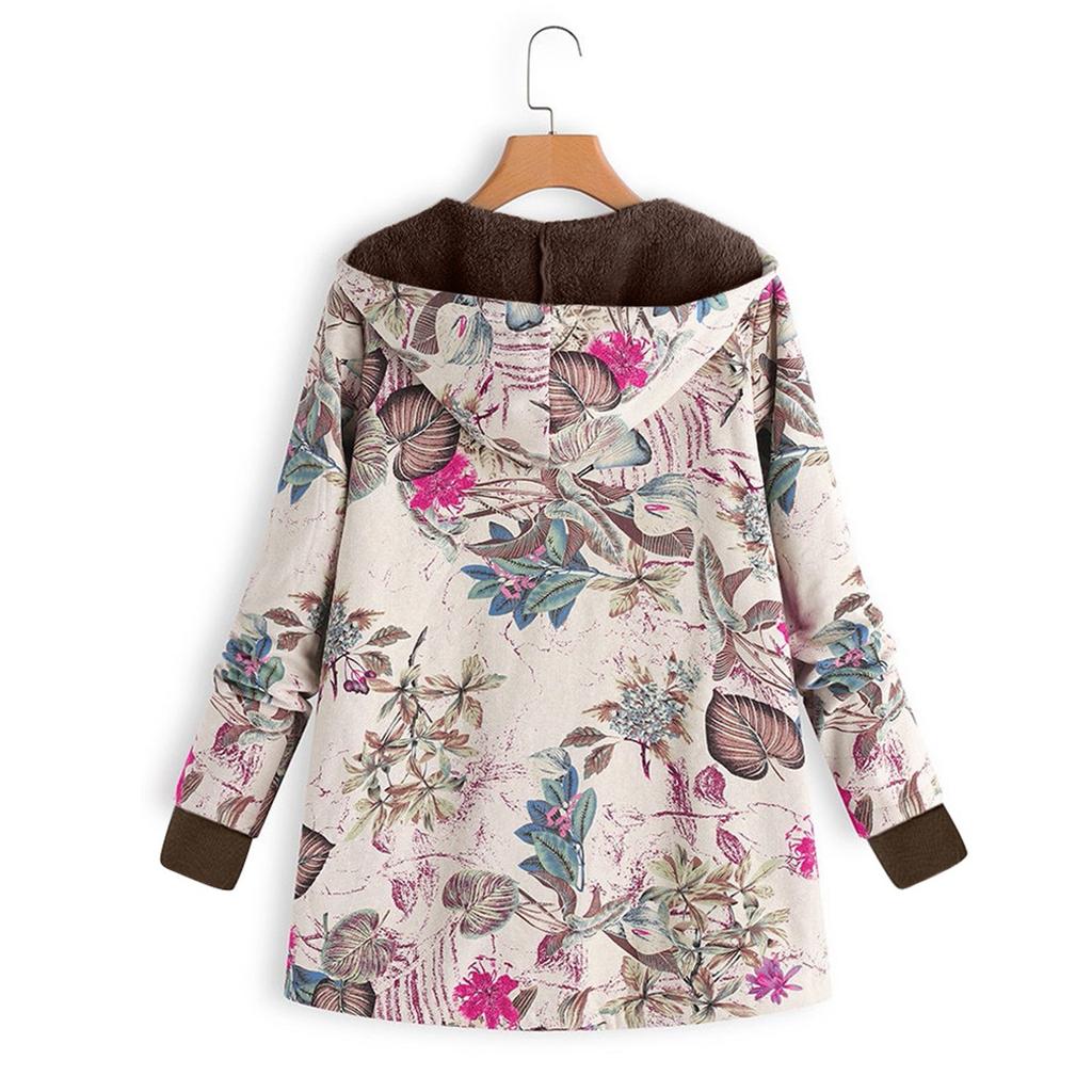 Ladies Long Sleeve Zipper Hooded Thick Composite Plush Vintage Flower Print Plus Size Hooded Jacket