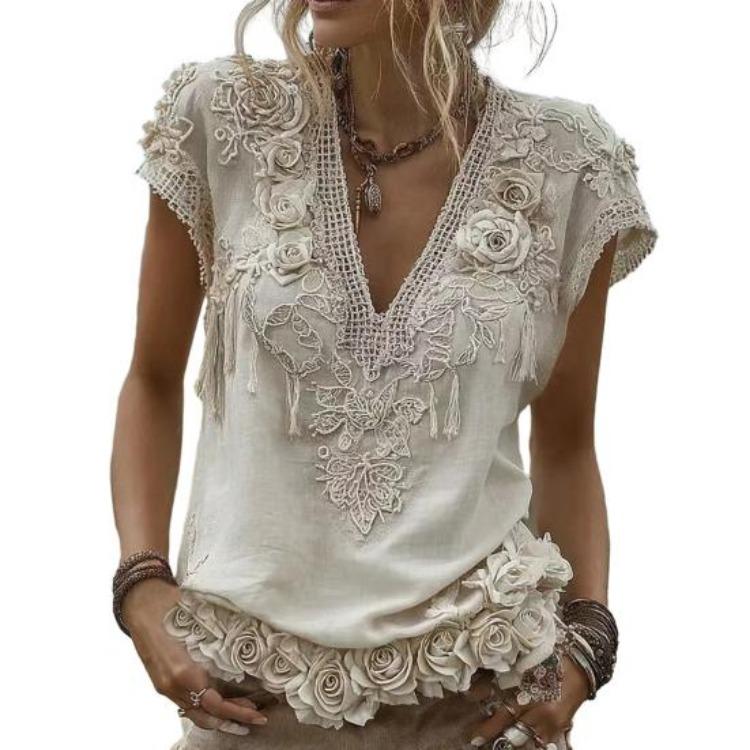 Women Summer Tops 3D Printed V Neck Short Sleeve Loose Fit Soft Breathable Imitation Jacquard Shirt Daily Wear S