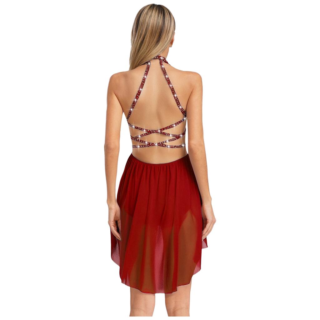 Womens Lyrical Dance Costume Cutout Strappy Backless Design Sheer Mesh Overlay Glittery Rhinestone Leotard Dress