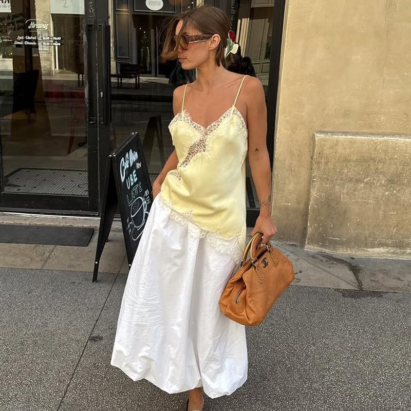 Satin Lace Patchwork Tops Women Camisole 2025 Sexy V Neck Sleeveless Asymmetric Slim Crop Top Camis Embellished Tank Tops Y2K