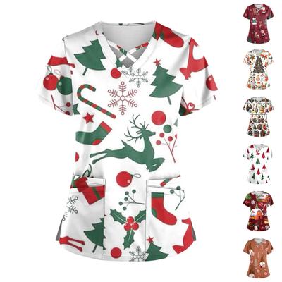 Women's Short Sleeve Stagger V Neck Christmas Print Pocket Dry-nurse Top