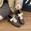 Cowhide Version! Retro Literary Square Head Small Leather Shoes Design Sense Thick Heel Front Lace-up Outer Wear Temperament Thick Sole Single Sho