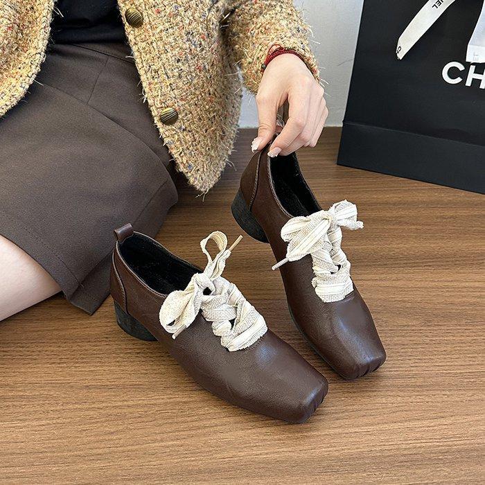 Cowhide Version! Retro Literary Square Head Small Leather Shoes Design Sense Thick Heel Front Lace-up Outer Wear Temperament Thick Sole Single Sho