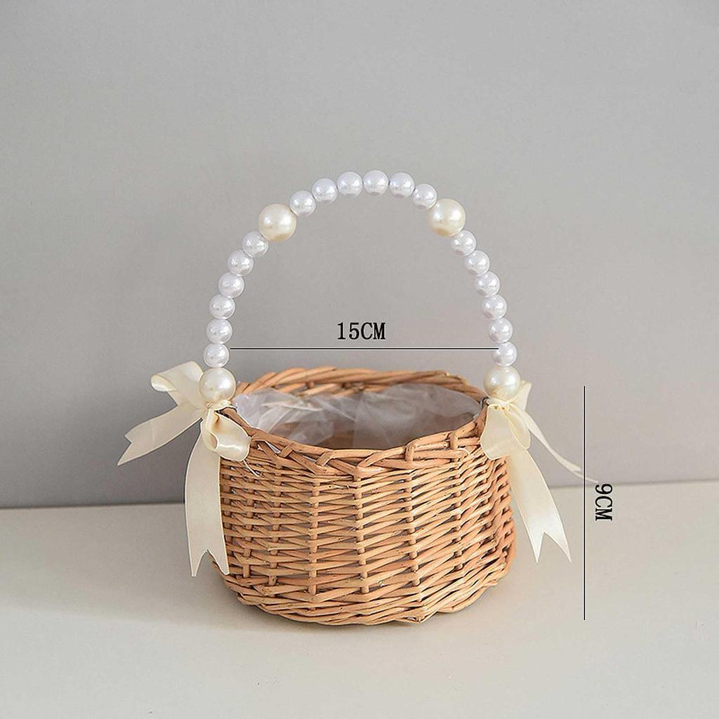 SKTMH Willow Flower Basket with Pearl Handle and Ribbon